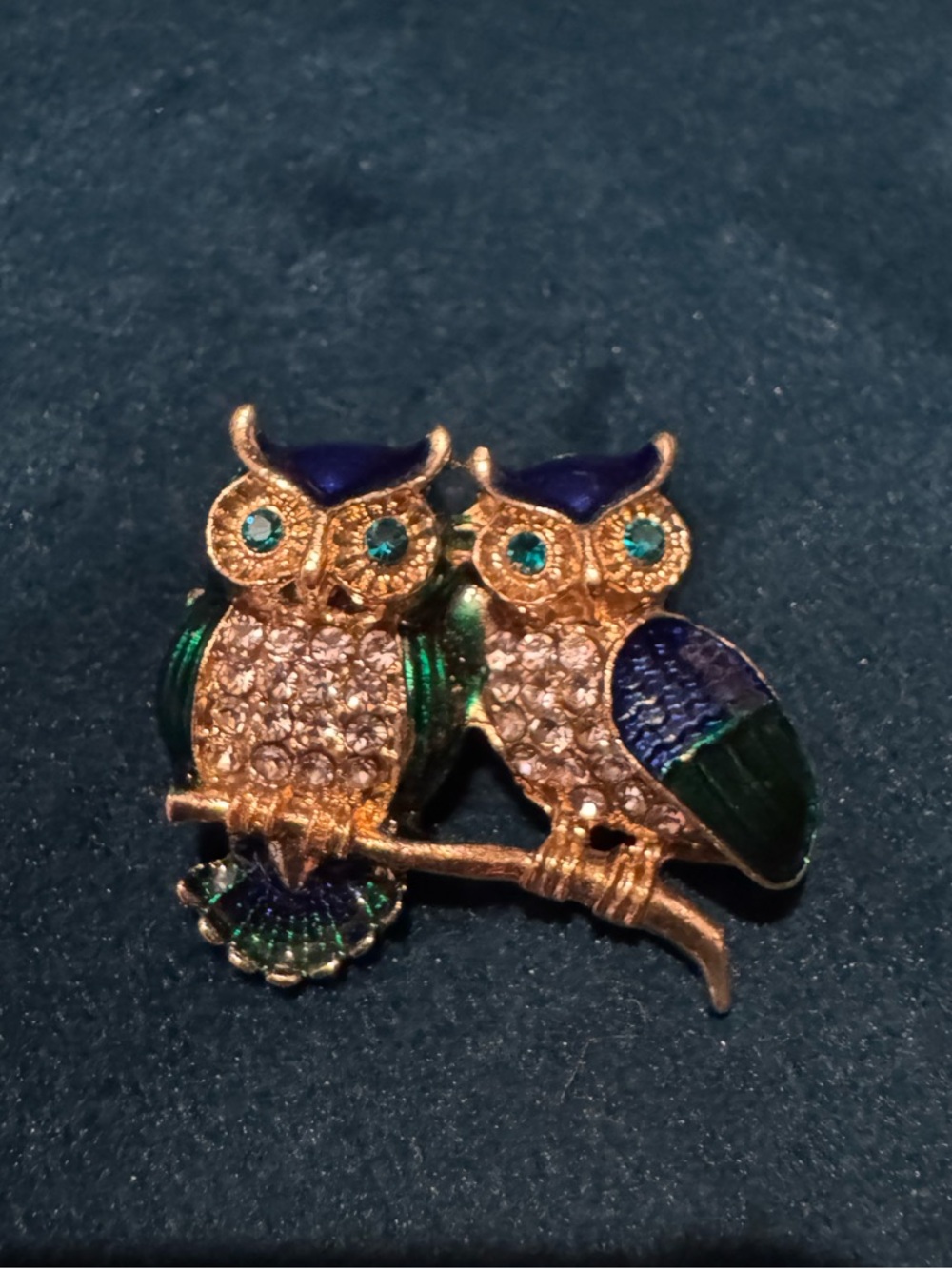 Vintage Gold-Tone Owl Duo Brooch with Green & Blue Enamel and Crystal Accents 🦉💙